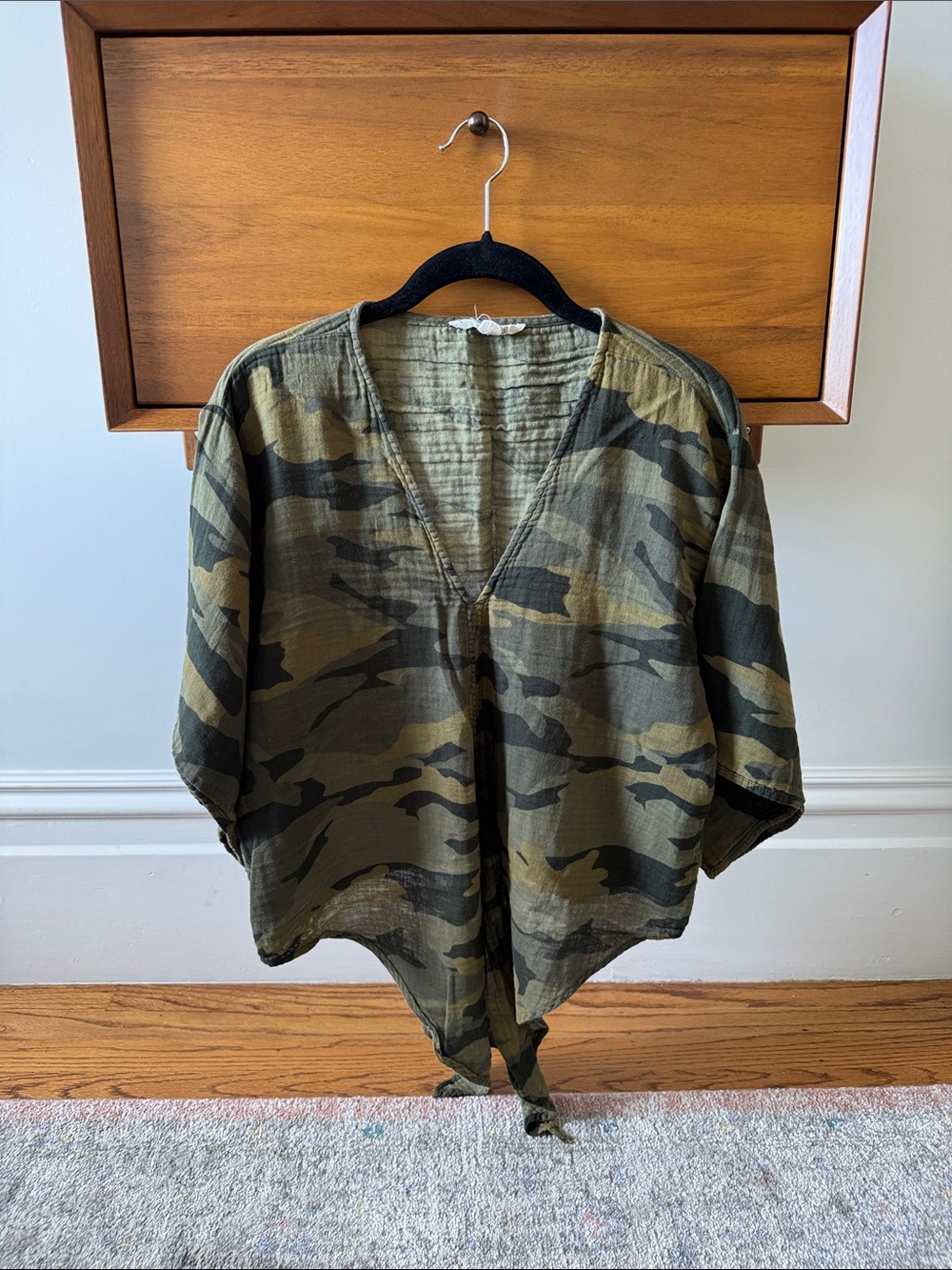 Lovestitch Olive Green Camo Tie-Hem V-Neck Blouse